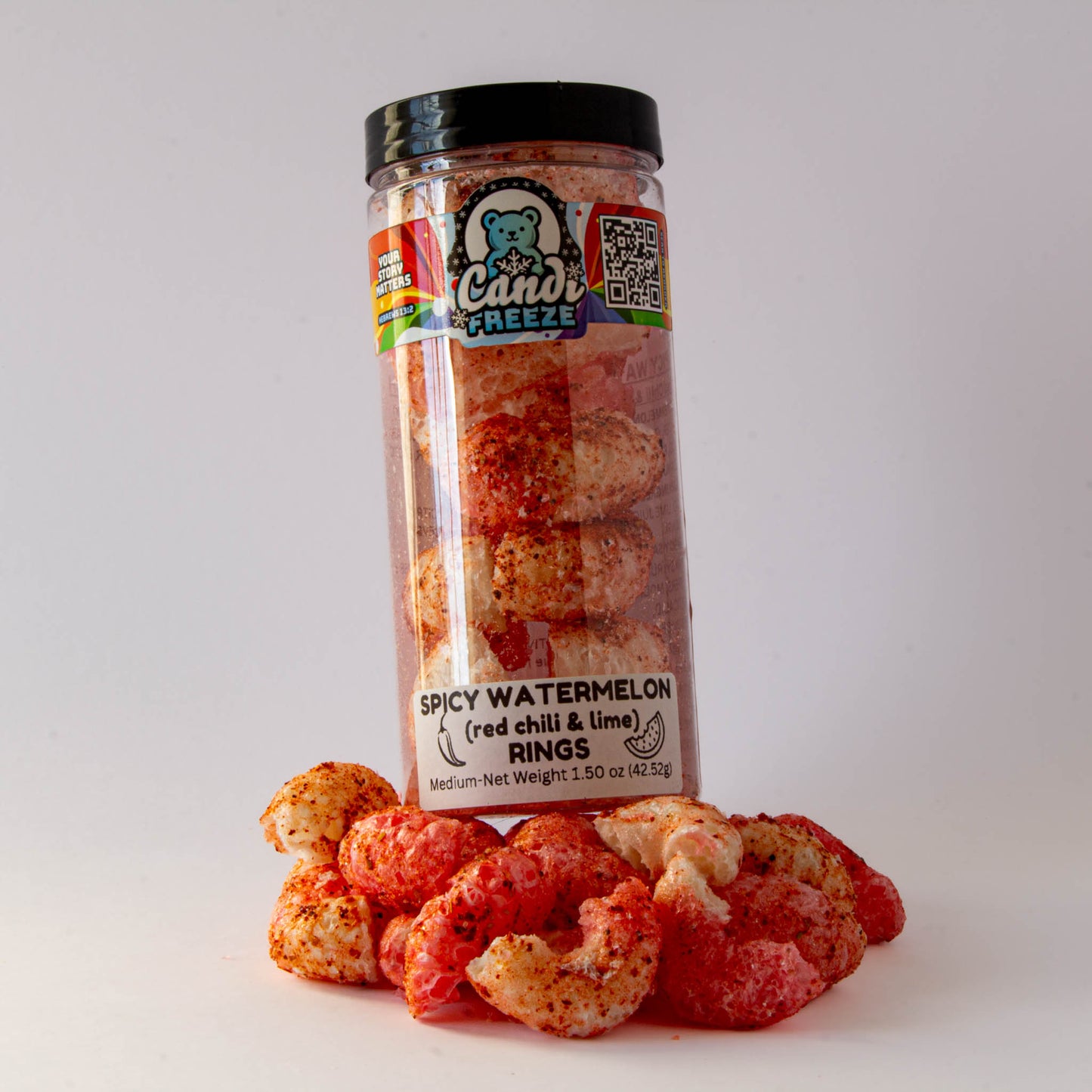 Spicy Watermelon Ring Crunch by CandiFreeze – Freeze-Dried, Crunchy, Sweet & Tangy Chili Lime Candy – 1.5oz Resealable Jar