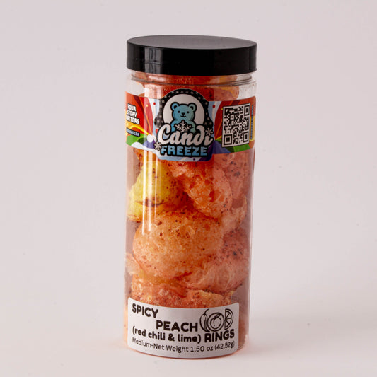 Spicy Peach Ring Crunch by CandiFreeze – Freeze-Dried, Crunchy, Sweet & Tangy Chili Lime Candy – 1.5oz Resealable Jar